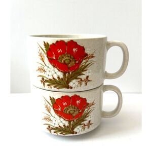 Vintage 2 Stoneware Soup Chili Mugs Colorful Orange Flowers